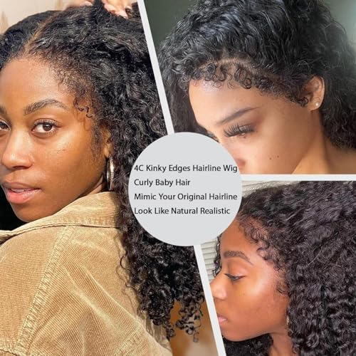 4C Edges Kinky Curly Lace Front Wigs Human Hair 13x4 HD Transparent Lace Frontal Wigs with Curly Edges Baby Hair 200% Density Deep Wave Curly Wig Pre-Plucked Hairline (18Inch Natural Black)