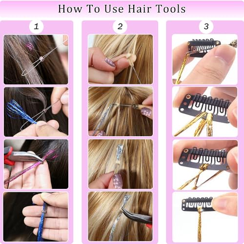 Hair Tinsel kit 20 Colors with Tools, 50 Inch Fairy Hair Tinsel Kit Extensions, 8600 Heat Resistant Holographic Glitter Strands Sparkle Party Halloween Cosplay Hair Accessories for Girls (20 Colors)