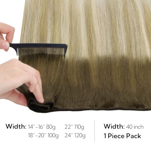 HOTBANANA Sew in Hair Extensions, 22inch 110g Ombre Walnut Brown to Ash Brown and Bleach Full Head Weft Real Human Hair Extensions Straight