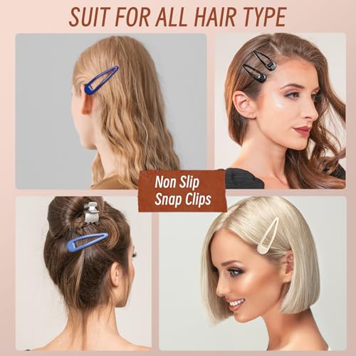 Metal Snap Hair Clips, No Slip Hair Clips for Thick/Thin Hair, 16pcs Medium Barrettes for Women Kids Hairstyle Makeup Accessories (8pcs 2.36inch & 8pcs 2.7inch) (Blue White)