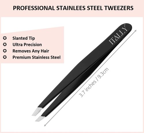 ITALLY Professional Eyebrow Tweezers Slant Tip, Grabs any Hair, Premium Stainless Steel, The Best Precision, Portable Beauty Tool for Eyebrows, Facial Hair, Ingrown Hair, Fine Hair, Blackhead (Black)