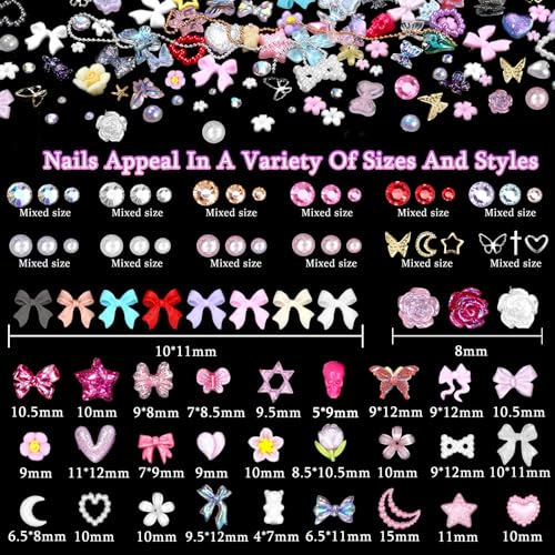 2 Boxes 3D Nail Charms Set, 8 Colors Nail Bows Charms, Multi Color Bow Flower Butterfly Moon Heart Pearls Acrylic Nail Art Charms, Nail Charms and Gems, Nail Art Pearl Rhinestones for Nail Art DIY