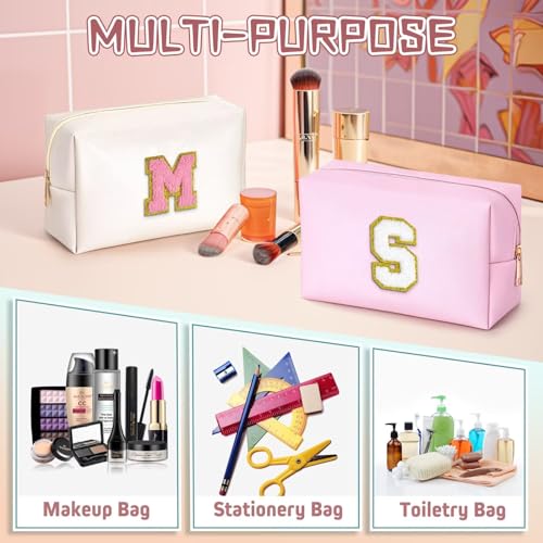 TOPEAST Initial Makeup Bag, Birthday Gifts for 4 5 6 7 8 9 10 11 12 Year Old Teen Girls, Personalized Preppy Cosmetic Bag | Leather Toiletry Bag (Pink A)
