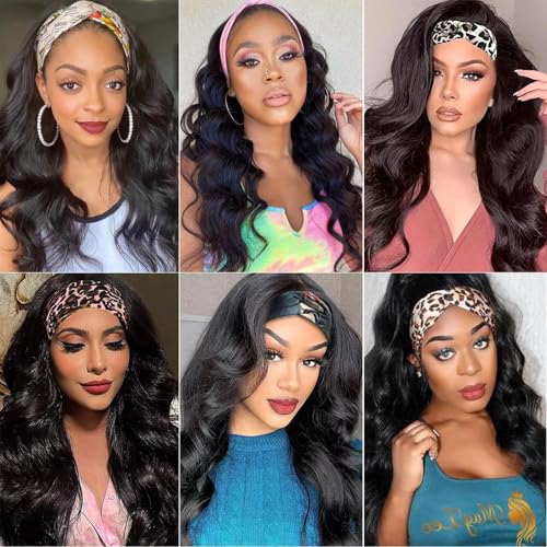 Headband Body Wave Human Hair Wig 28 Inch - None Lace Front, Machine Made, 150% Density for Black Women - Natural Color