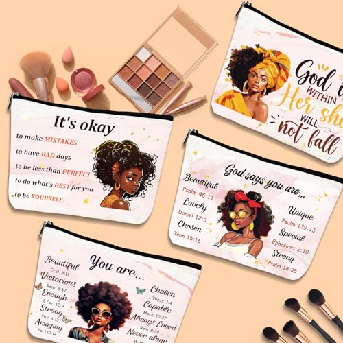 African American Makeup Bags - 4Pcs Inspirational Gifts for Black Women, Afro Queen Cosmetic Toiletry Bags with Zipper Pouch Organizer, Black Girls Owned Gifts for Friends Sisters Mom