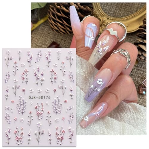 JMEOWIO 3D Embossed Flower Nail Art Stickers Decals Self-Adhesive 5D Spring Summer Floral Nail Supplies Nail Art Design Decoration Accessories 4 Sheets