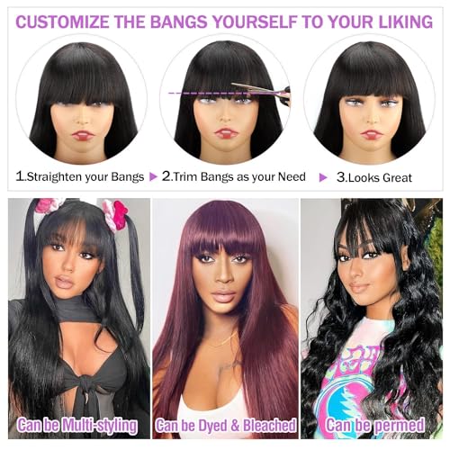 ROSELINE Glueless Wigs Human Hair with Bangs Straight Human Hair Wig with Bangs 150% Density None Lace Front Wigs for Black Women 28inch