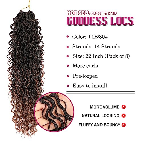 8 Packs Goddess Faux Locs Crochet Hair for Black Women, Long Goddess Locs Crochet Hair, Boho Style Locs, River Hair with Curly Ends (22Inch, T30#, 8Packs)