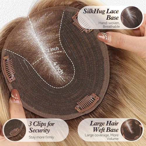 starluck 6x5 inch Large Swiss Base SilkHug 14 Inch Real Human Hair Toppers,60 Gram, 100% Real Human Hair Toppers for Women with thinning (Ombre Blonde, no Bangs)