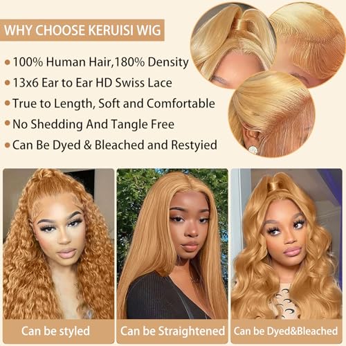 32 Inch 13x6 Honey Blonde Body Wave HD Lace Front Wigs Human Hair Pre Plucked Honey Blonde Wig Human Hair 27# Colored 200% Density Glueless Wigs for Women