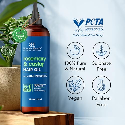Botanic Hearth Rosemary & Castor Hair Oil (6.7 Fl Oz) |Nourishing And Strengthening Hair Treatment For Thicker, Healthier|Looking Hair | Paraben Free | Suitable For All Hair Types