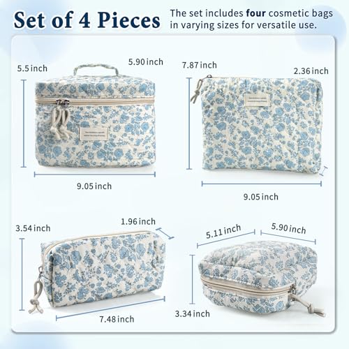 Cute Makeup Bag for Women(2 Pcs), Travel Cosmetic Bags, Quilted Coquette Aesthetic Floral Toiletry Organizer Bag (46 - Sky Blue/4Pcs)
