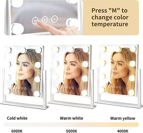 IMEASY Vanity Mirror with Lights，Hollywood Lighted Makeup Mirror with 3 Color Modes and 9 Dimmable Diamond LED Light Bulbs Detachable 10X Magnification 360° Rotation Touch Control