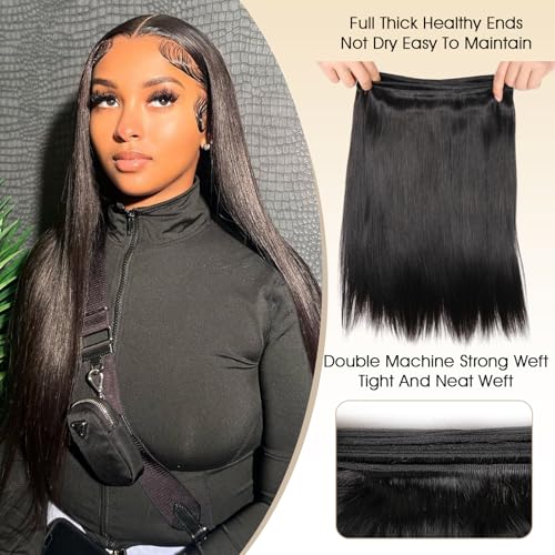 16A Straight Human Hair Bundles with Closure, 100% Unprocessed Brazilian Virgin Hair, 3 Bundles with 4x4 HD Lace Closure Free Part, Pre-Plucked with Baby Hair, Natural Black (22 24 26 + 20 Inch)