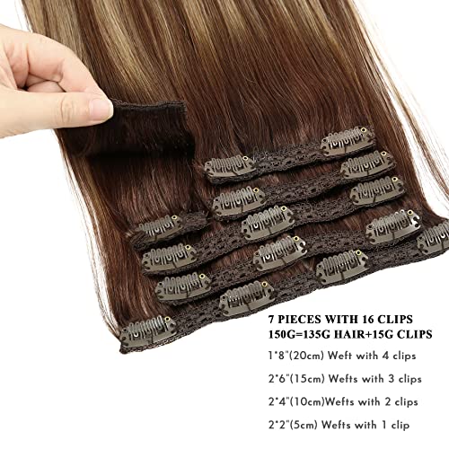 SEACOLOR Stock Clearance Special: Grab Your 20 Inch, 150g Balayage Chocolate Brown Mixed with Caramel Blonde Remy Clip-In Hair Extensions, 100% real Human Hair #T4/27/4 Chocolate Brown Highlight