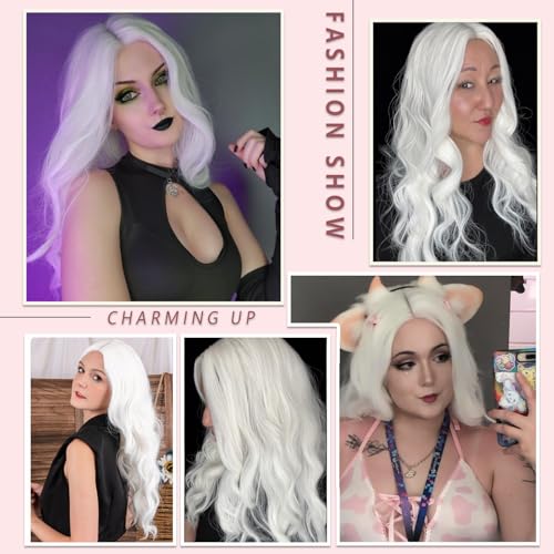 White Wig for Women, Long White Wavy Wig Middle Part 26 Inch Heat Resistant Synthetic Wigs for Daily Party Use