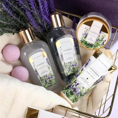 Spa Luxetique Bath Gift Sets for Women Lavender Body Care Baskets - 10 Pcs Relaxing Holiday Birthday Mothers Day Gifts for Her