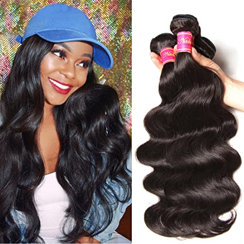 Nadula Hair 12A Brazilian Body Wave Virgin Human Hair 3 Bundles 14 16 18, 100% Unprocessed Brazilian Wavy Human Hair Weave Extensions for Black Women Natural Color