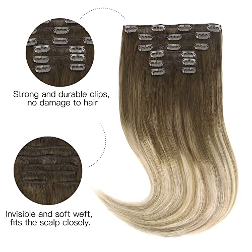 HOTBANANA Human Hair Clip in Hair Extensions, Ombre Walnut Brown to Ash Brown and Bleach Blonde 120g Clip in Hair Extensions Real Human Hair Straight Remy Hair Clip Ins 20 Inch 7pcs