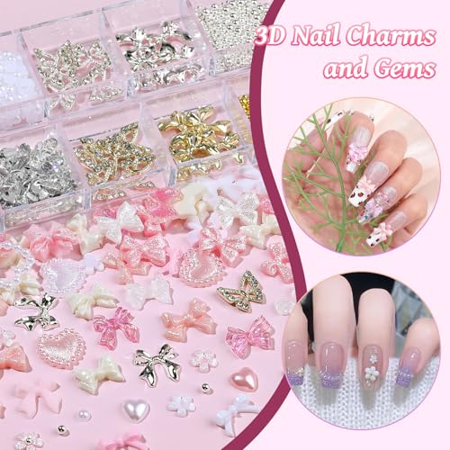 2 Boxes 3D Bow Nail Charms and Gems, Pink White Bows Flowers Heart Petals Nail Art Charms Gold Silver Alloy Bowknot Butterfly for Nails Flatback Pearls Rhinestones Caviar Beads for Women Nail Design