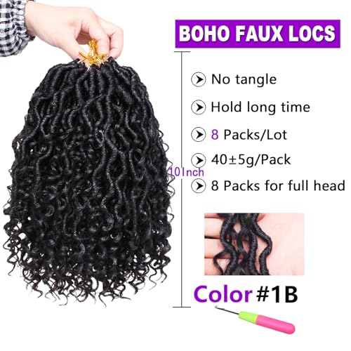 ZRQ 10 Inch Goddess Locs Crochet Hair Short Faux Locs Crochet Braids, 8 Packs Hippie Locs Croceht Hair Pre Looped River Locs With Curly Ends Bohemian Soft Locs Hair Extension 1B#