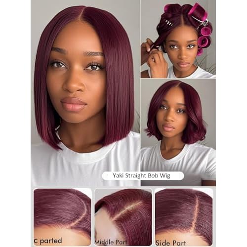 99J Burgundy Yaki Straight Bob Wig Human Hair Kinky Straight Lace Front Wigs Human Hair Pre Plucked with Baby Hair Pre Cut Lace Wig Short Wine Red Blunt Cut Bob Wigs 12 Inch