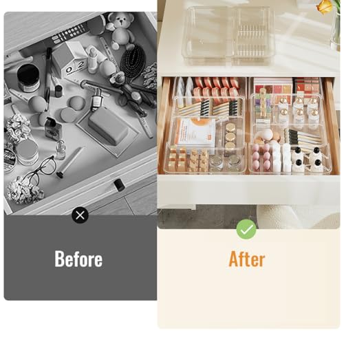 Expandable Drawer Organizer Tray from 11¡± to 19.1¡±, Adjustable Silverware in Drawer Holder, Clear Plastic Drawer Storage with Sliding Dividers for Utensil, Cosmetics, Toiletries, Offices