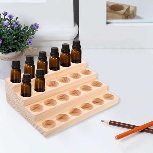 Healifty Essential Oil Storage Rack Wooden Nail Polish Display Holder 24 Slots 30ML Cosmetic Perfume Bottle Organizer Shelf for Makeup Bottles Nail Salon Bedroom