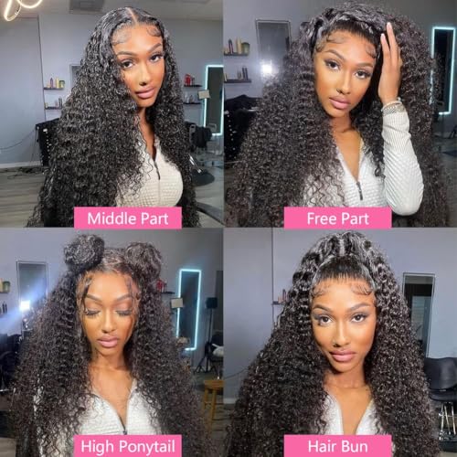 32 Inch Deep Wave Lace Front Wigs Human Hair 13x4 Deep Curly Human Hair Wig Pre Plucked 180% Density HD Transparent Lace Front Wigs for Black Women Deep Wave Frontal Wigs Natural Black