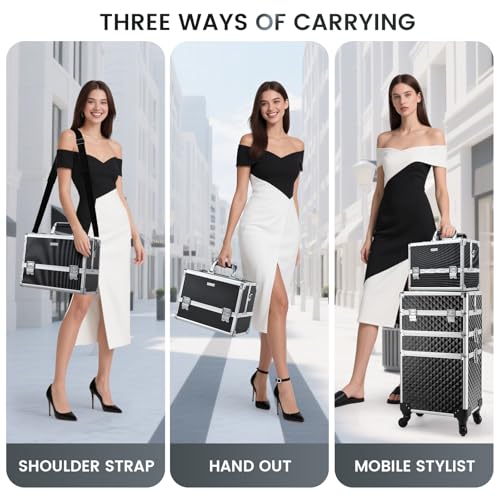 FRENESSA Makeup Train Case Makeup Case 12.6 Inch Large Cosmetic Box Organizer Travel Storage Professional Make Up Train Carrying Case with 6 Trays Locking Shoulder Strap Hard Vanity Storage Black