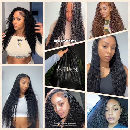 Wequeen 16A Deep Wave Human Hair Bundles 18 20 22 Inch 100% Unprocessed Brazilian Virgin Hair Quick Weave Bundles Human Hair Extensions Real Human Hair, Natural Black