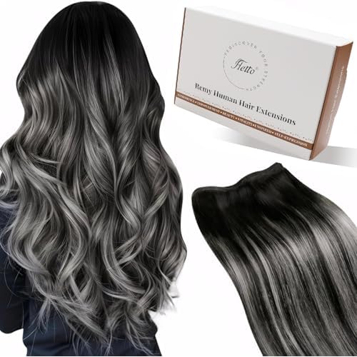 Hetto Sew in Hair Extensions Real Human Hair Ombre Black to Silver Grey Balayage Weft Hair Extensions Human Hair Invisible Sew in Hair Extension Double Weft 22 Inch 100g