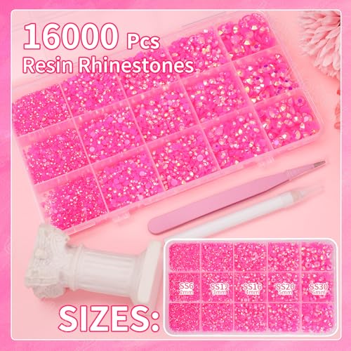 16000 Pcs Resin Rhinestones for Crafting, Flatback Hot Pink Gems Jelly Rhinestones, Mixed Sizes Pink Bedazzling Crystal with Pickup Tool for DIY Crafts Clothing Tumblers Mugs Shoes Fabric Nail Art