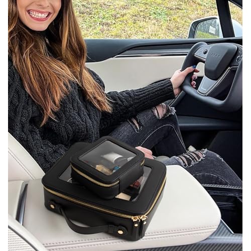 LETGO Clear Makeup Bag Set,Portable Travel Toiletry Bag Cosmetic Case for Women,Vegan Leather Make Up Pouch Organizer Car Bag for Essentials(Mini+Large Black)