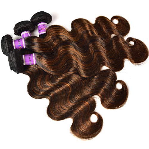 UNice Ombre Brown Highlight Body Wave Human Hair Weave 1 bundle 28 inch, Brazilian Remy Hair Dark Root Blonde Human Hair Weaves Extension Piano Color TFB30