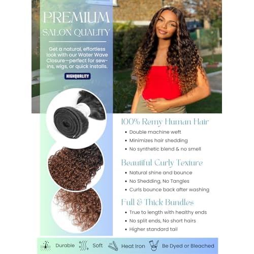 Ombre Human Hair Bundles with Closure 4x4 Water Wave, #T1B/2/30 Chestnut Ombre Brown Wet and Wavy Curly Remy Hair 3 Bundles and 4x4 HD Lace Closure Free Part 14/16/18+14 Inch Dark Roots Weave