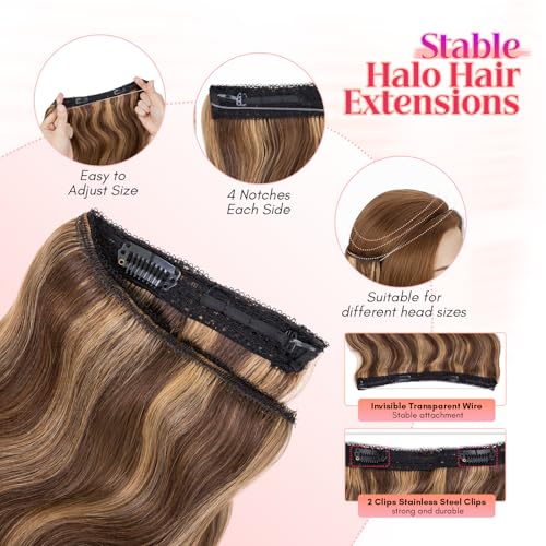Rich Choices 100% Real Human Halo Hair Extensions Wave Remy Invisible Wire In Hair Extensions Human Hair Clip in Hair Piece 20 Inch #4P27 Medium Brown Mixed Dark Blonde