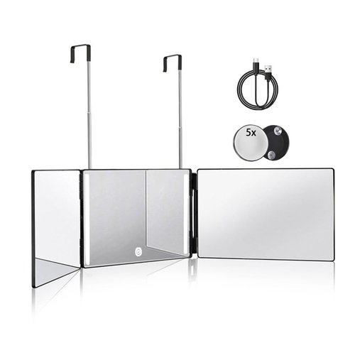 HIEEY 3 Way Mirror for Hair Cutting with LED,360 Trifold with Height Adjustable Telescoping Hooks,and 5X Magnification,for Makeup and Styling (Black)