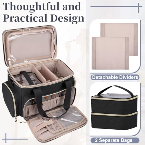 Large Makeup Bag, Portable Travel Makeup Bag Organizer for Women Girls with 2 Removable Pouches & Detachable Dividers, Cosmetic Travel Bag, Toiletry Bag for Makeup and Hair Supplies Black