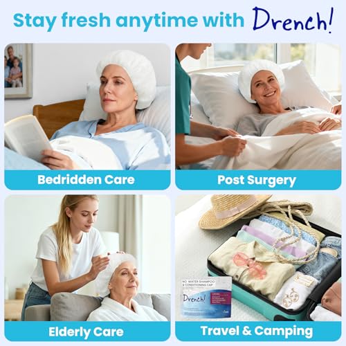Drench Shampoo Caps No Rinse - Waterless Shampoo Cap and Conditioner - Dry Hair Wash Caps for Elderly or Bedridden - Contains Aloe Vera, Vitamin E and Provitamin B5-6 Counts