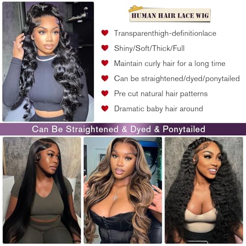 13x6 Body Wave Lace Front Wigs Human Hair 180 Density HD Lace Frontal Wigs Human Hair Pre Plucked Human hair Wig for Women Natural Black 32inch