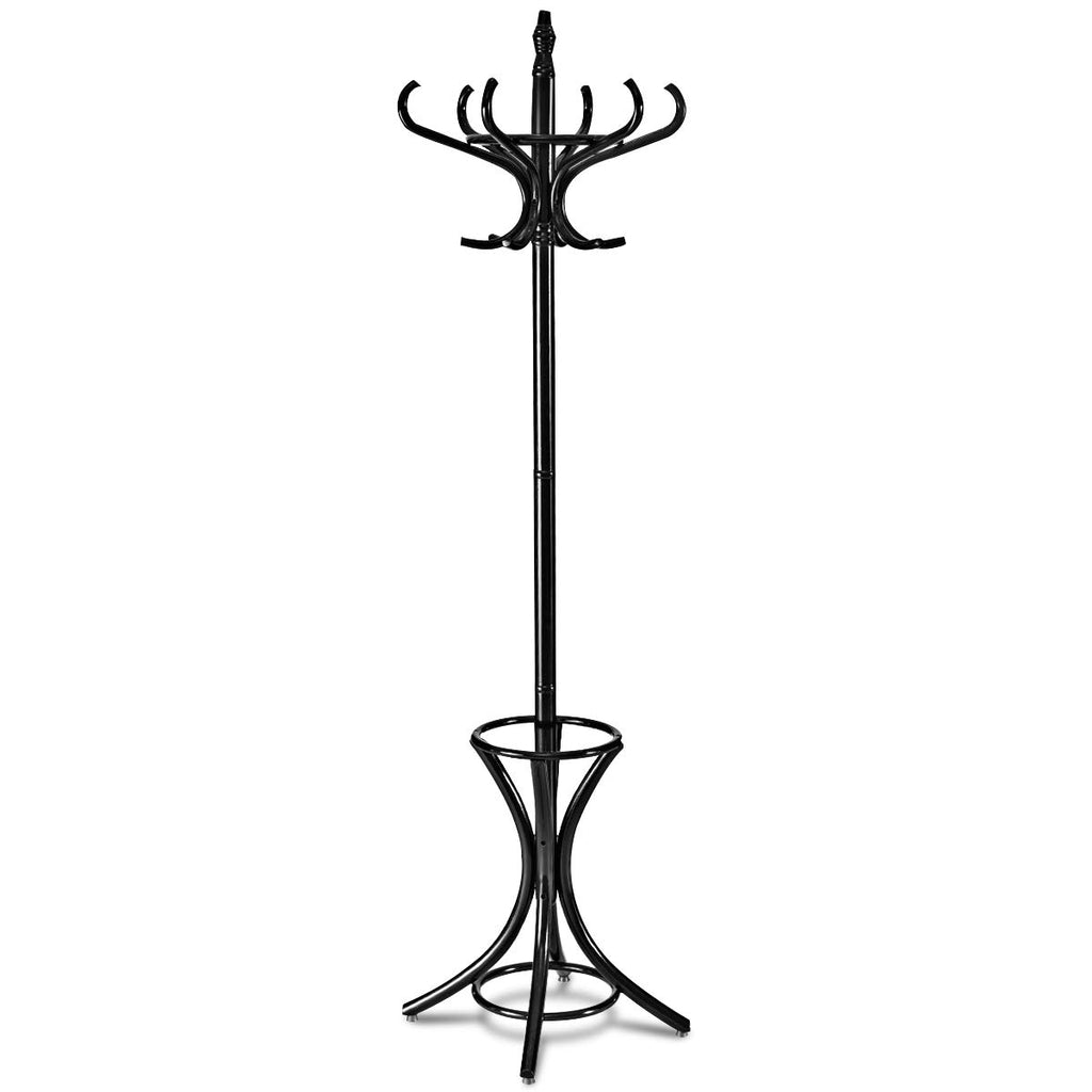 Wooden Coat Tree with 12 Hooks & Umbrella Stand - Black