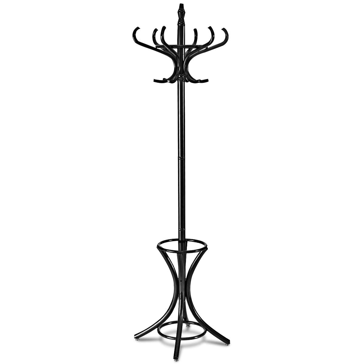 Wooden Coat Tree with 12 Hooks & Umbrella Stand - Black