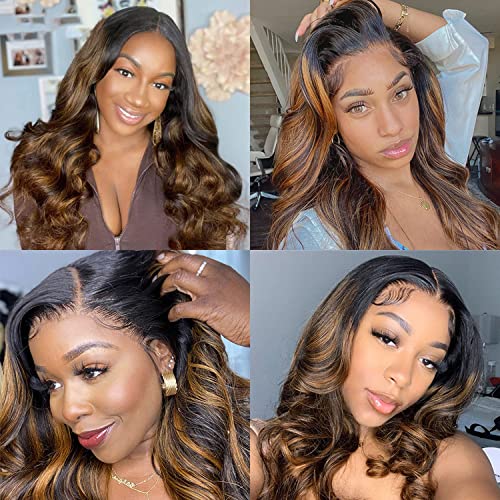 originea Balayage FB30 Body Wave Highlight 13x4 Transparent HD Lace Front Human Hair Wigs for Black Women 10A Brazilian Remy Hair Ombre Highlights Lace Frontal Wigs