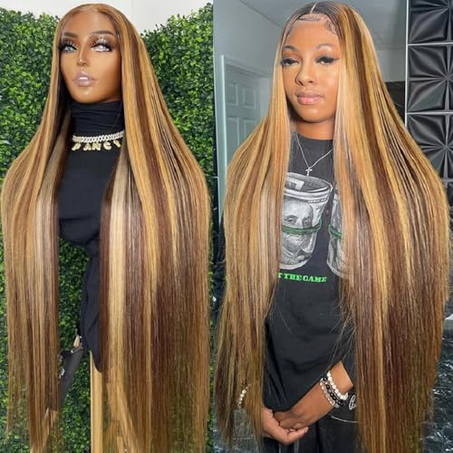 28inch Highlight Ombre Lace Front Wig Human Hair 13x6 HD Transparent 4/27 Honey Blonde Lace Frontal Wigs Pre Plucked with Baby Hair Straight Lace Front wigs Human Hair Colored 180% Density