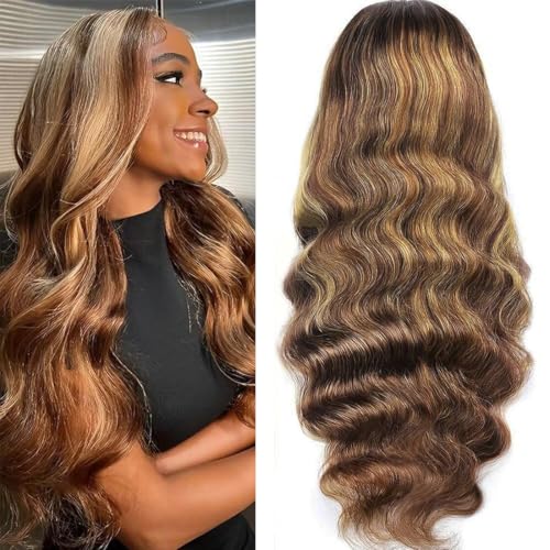 28 Inch Wear and Go Glueless Wigs Human Hair Pre Plucked Pre Cut 5x5 HD Lace Closure Wigs Human Hair Body Wave Wig P4/27 Honey Blonde Ombre Highlight Lace Front Wig 180% Density