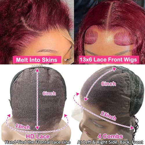 99J Burgundy Wig Human Hair 30inch 13x6 Deep Wave Lace Front Wigs Human Hair Glueless Wigs Human Hair Pre Plucked HD Transparent Lace Frontal Wigs for Black Women Deep Curly Red Colored Wig