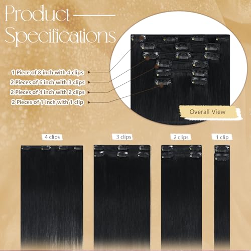 Black Clip in Hair Extensions Real Human Hair 22 Inches 115g #1 Human Hair Extensions Clip ins for Women Silky Natural Straight Clip Ins Soft 7pcs