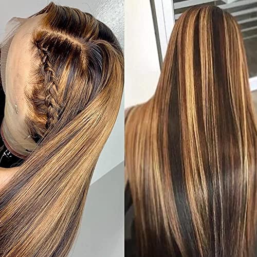 Highlight Lace Front Brazilian Virgin Human Hair Wigs 4/27 Ombre Colored Pre Plucked Straight 13x4 Lace Frontal Wig with Baby Hair 150% Density Bleached Knots for Black Women (18 Inch, 4/27 Straight)