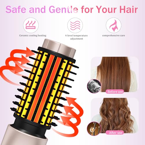 Cordless Hair Curling Iron Brush, Travel Curl Brush, 3-in-1 Portable Curling Iron Cordless, Plasma Thermal Hair Brush, 7000mAh USB Rechargeable Curlings Wand, Mini Hot Curlings Brush-Blush Pink